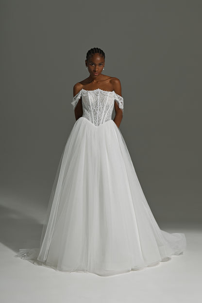 Tulle ball gown wedding dress with off-shoulder lace corset – full-length front view