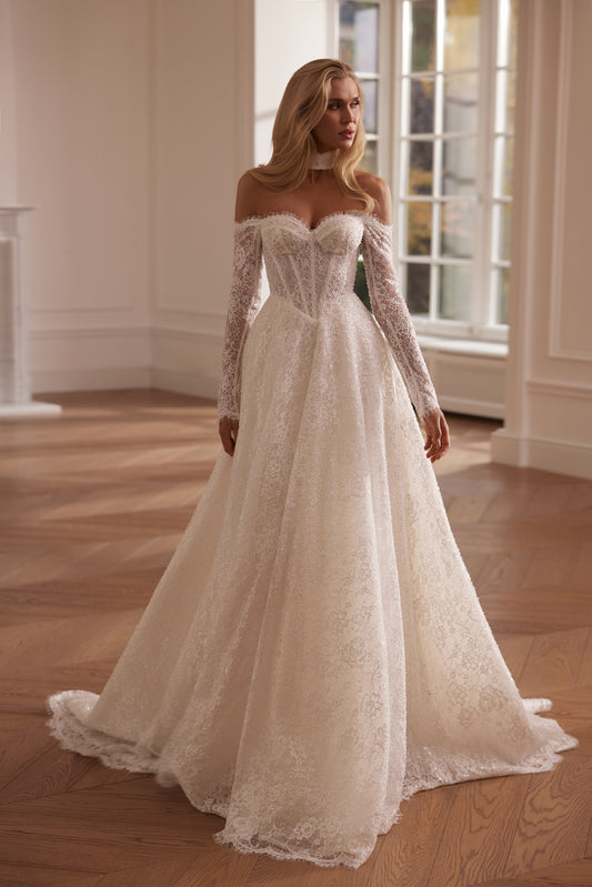 A-line lace wedding dress with sweetheart corset, long sleeves and side slit - front view