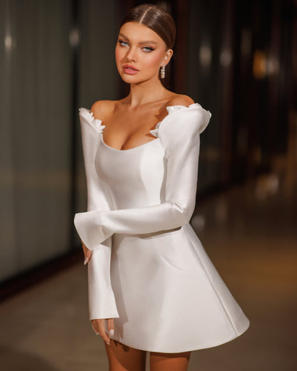 Mini A-line Mikado wedding dress with long sleeves