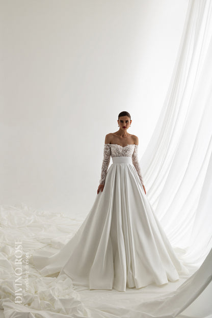 Off the shoulder satin wedding dress with chapel train