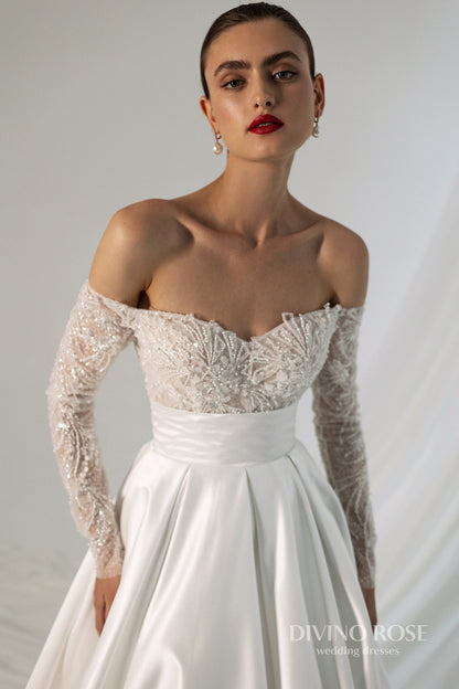 Off the shoulder satin wedding dress with chapel train