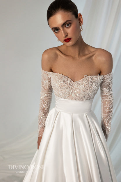 Off the shoulder satin wedding dress with chapel train