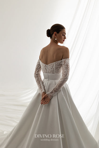 Off the shoulder satin wedding dress with chapel train