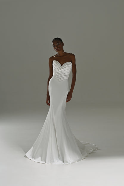 Stretch satin mermaid wedding dress without the overskirt – front view of the sleek mermaid silhouette