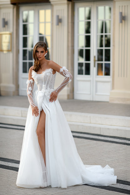 3D floral A-line wedding dress with removable long sleeves