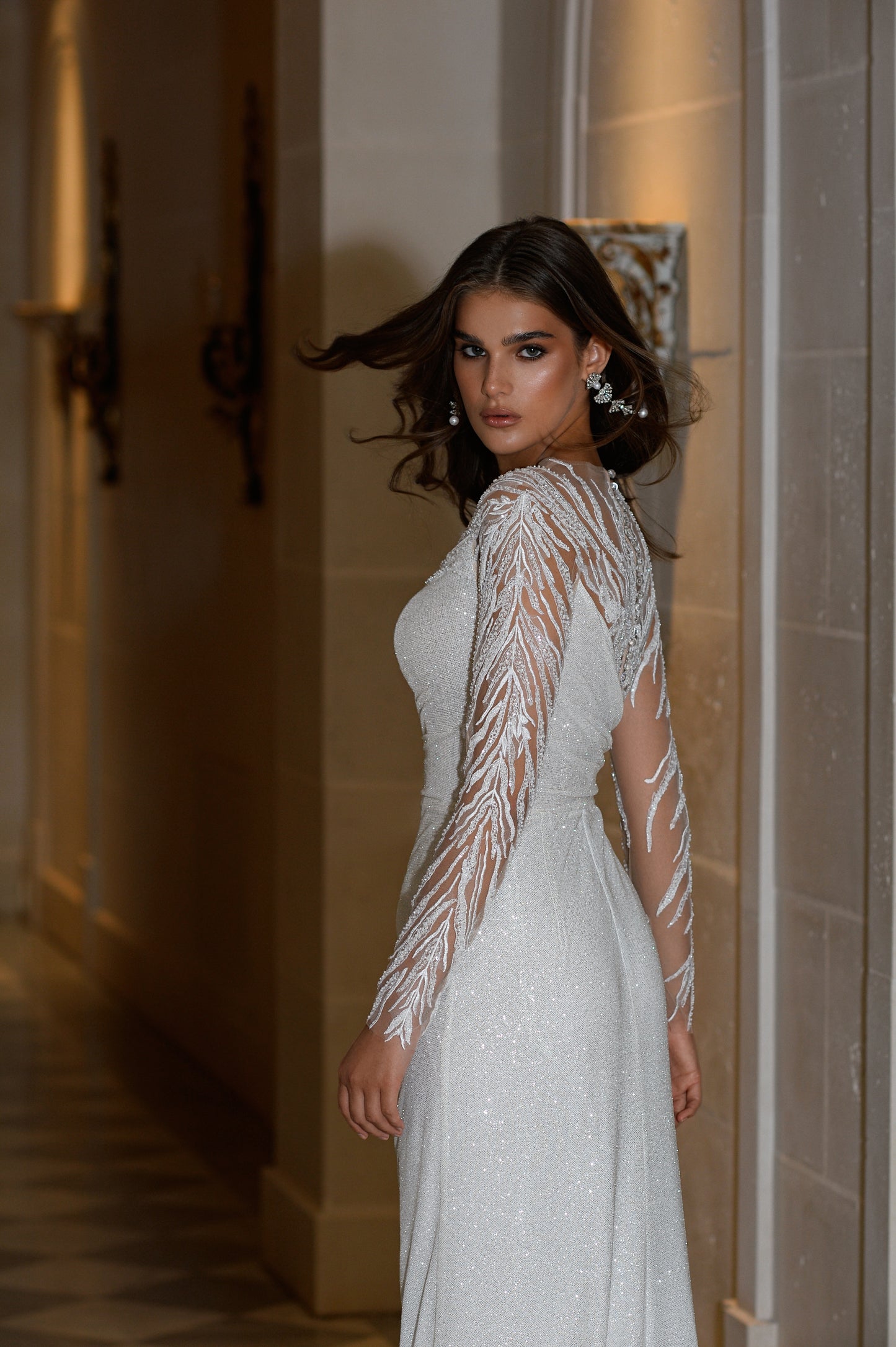 Sheath Fitted Column Illusion long lace sleeve Asymmetric illusion neckline Glitter Sweep train Wedding dress