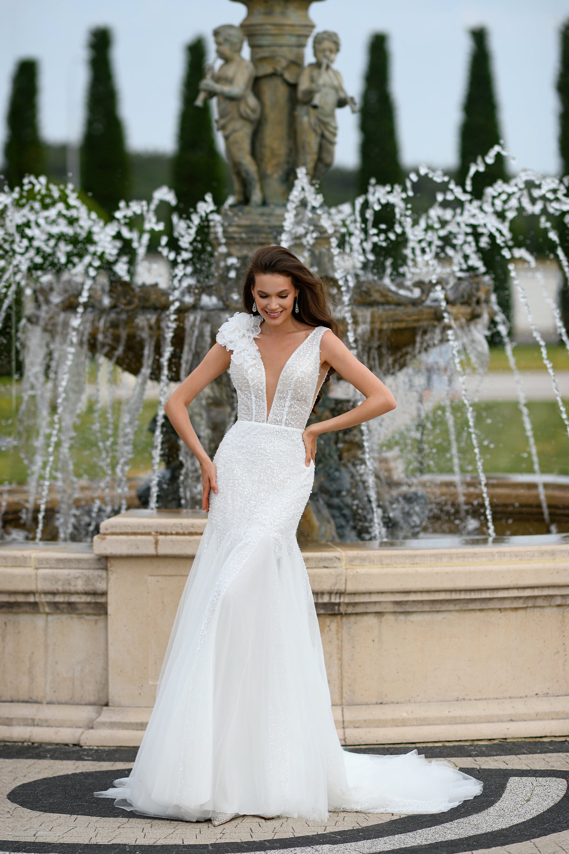 Mermaid Godet Wedding Dress with Pearl Sequin Lace and Fishtail Train Think Bridal Mermaid Godet Wedding Dress with Pearl Sequin Lace and Fishtail Train Think Bridal
