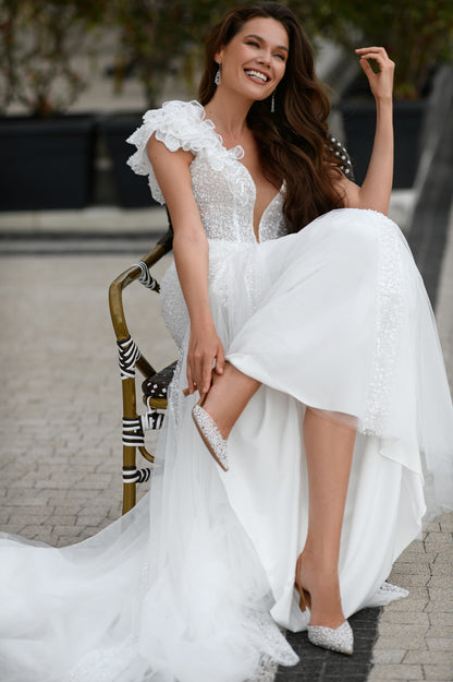 Mermaid wedding dress with pearl sequin lace and fishtail train