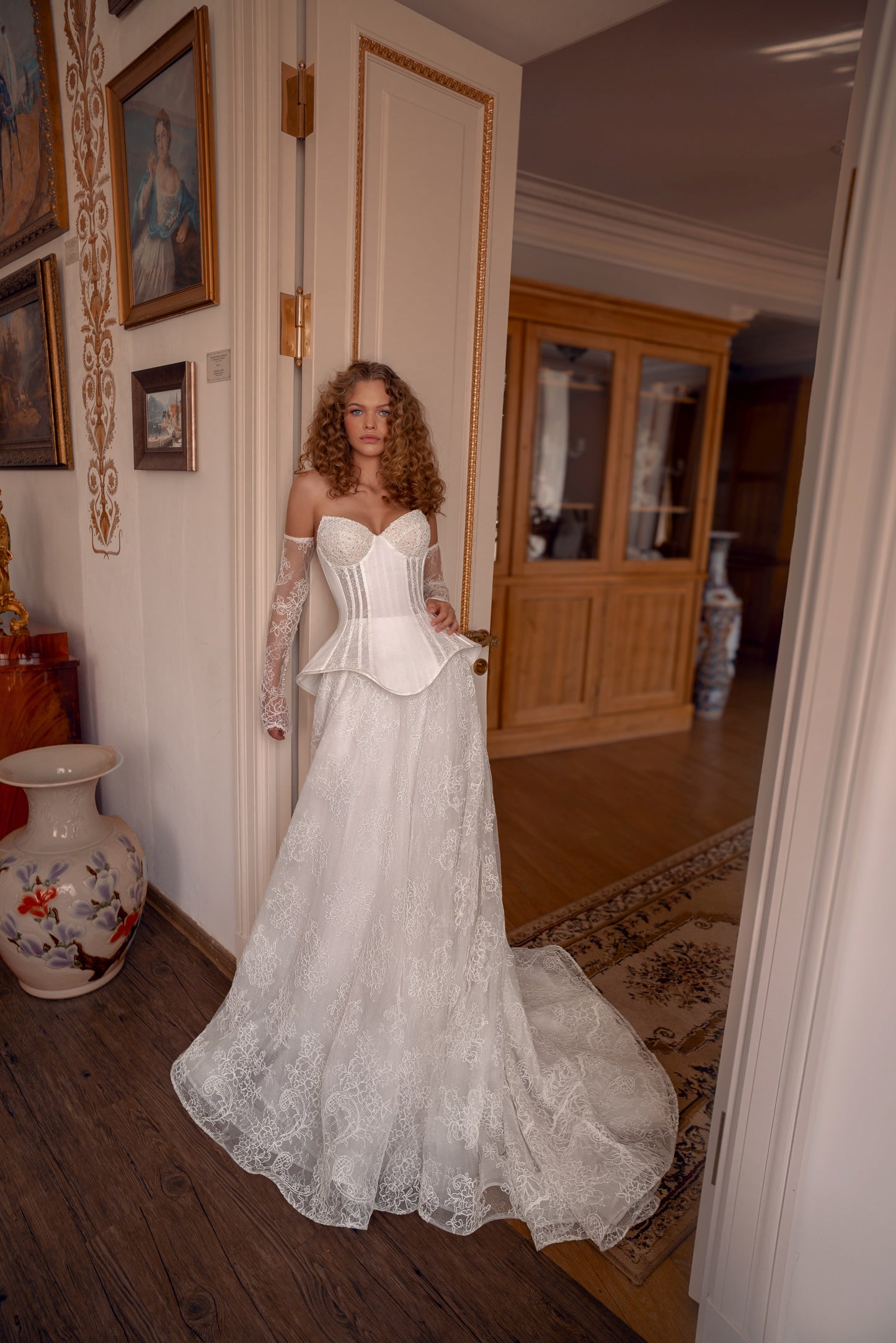 lace corset princess ball gown with off-shoulder sleeves and chapel train