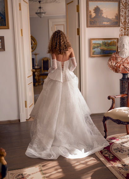 lace corset princess ball gown with off-shoulder sleeves and chapel train