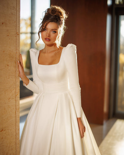 Mikado A-line off-the-shoulder wedding dress with long sleeves