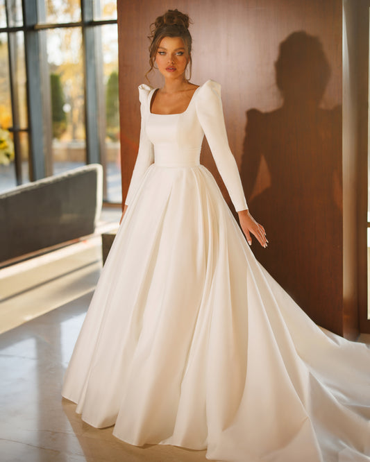 Classic Minimalist Long Sleeve Puffy shoulder Square neck Open V-shape back A-line Court train Wedding dress