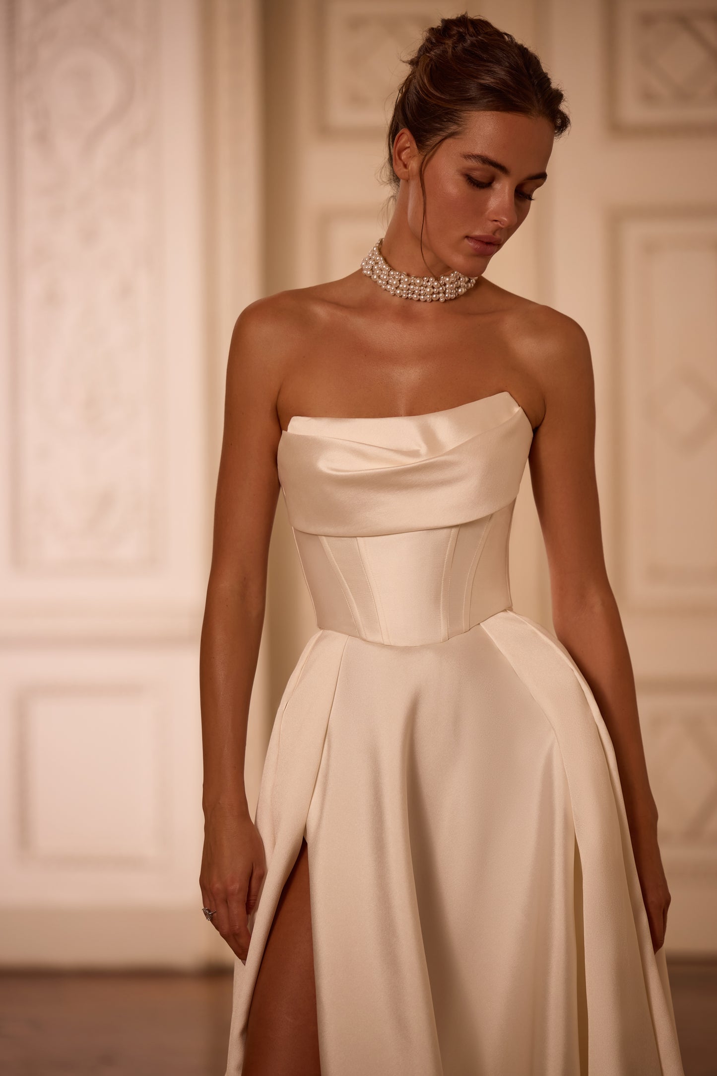 Mikado A-Line Wedding Dress with Draped Neckline Lace-up Corset & Slit Skirt