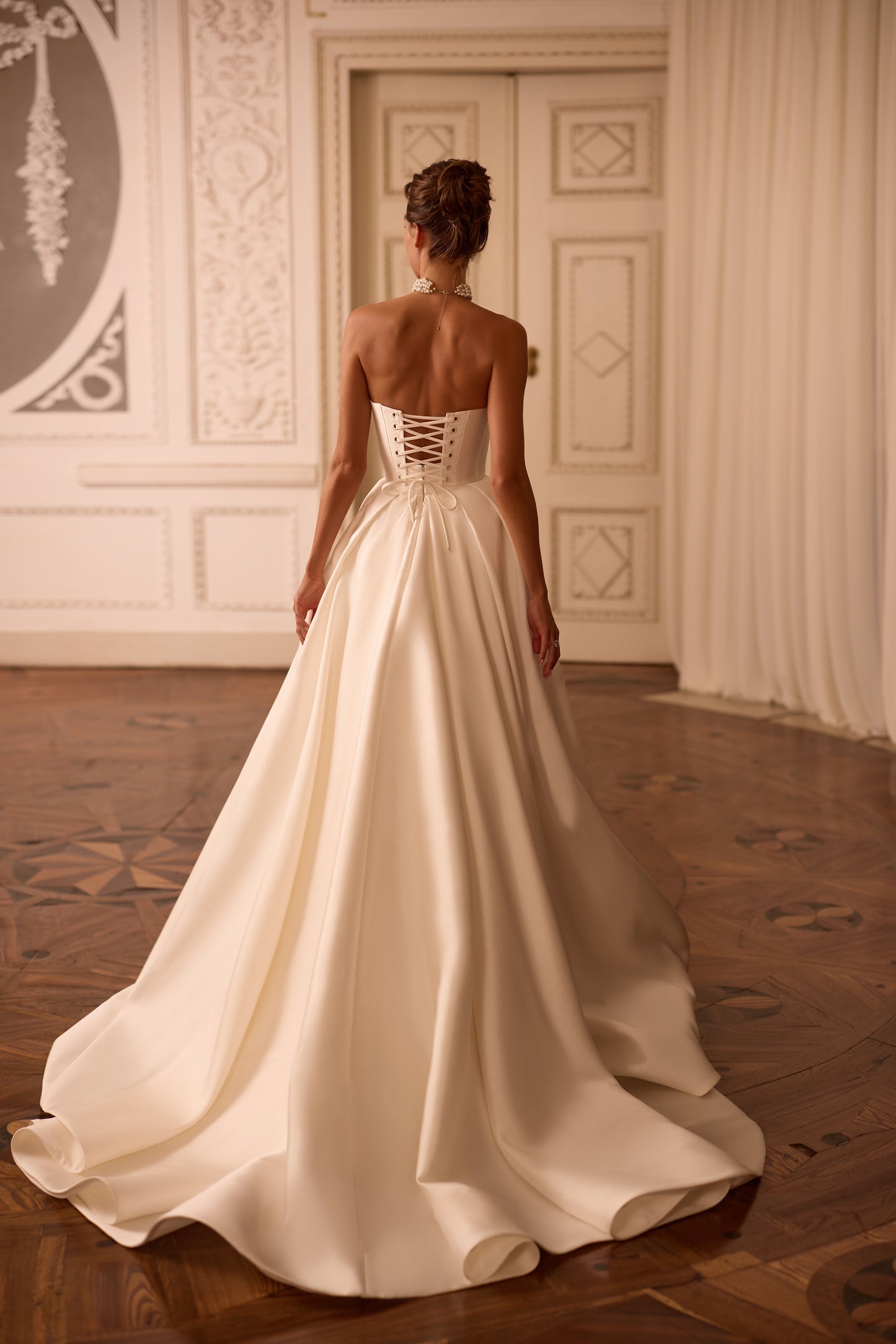 Mikado A-Line Wedding Dress with Draped Neckline Lace-up Corset & Slit Skirt