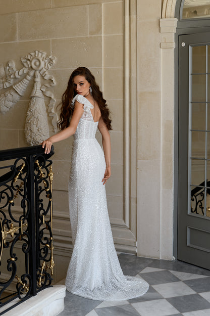 One shoulder sequin lace sheath wedding dress with slit