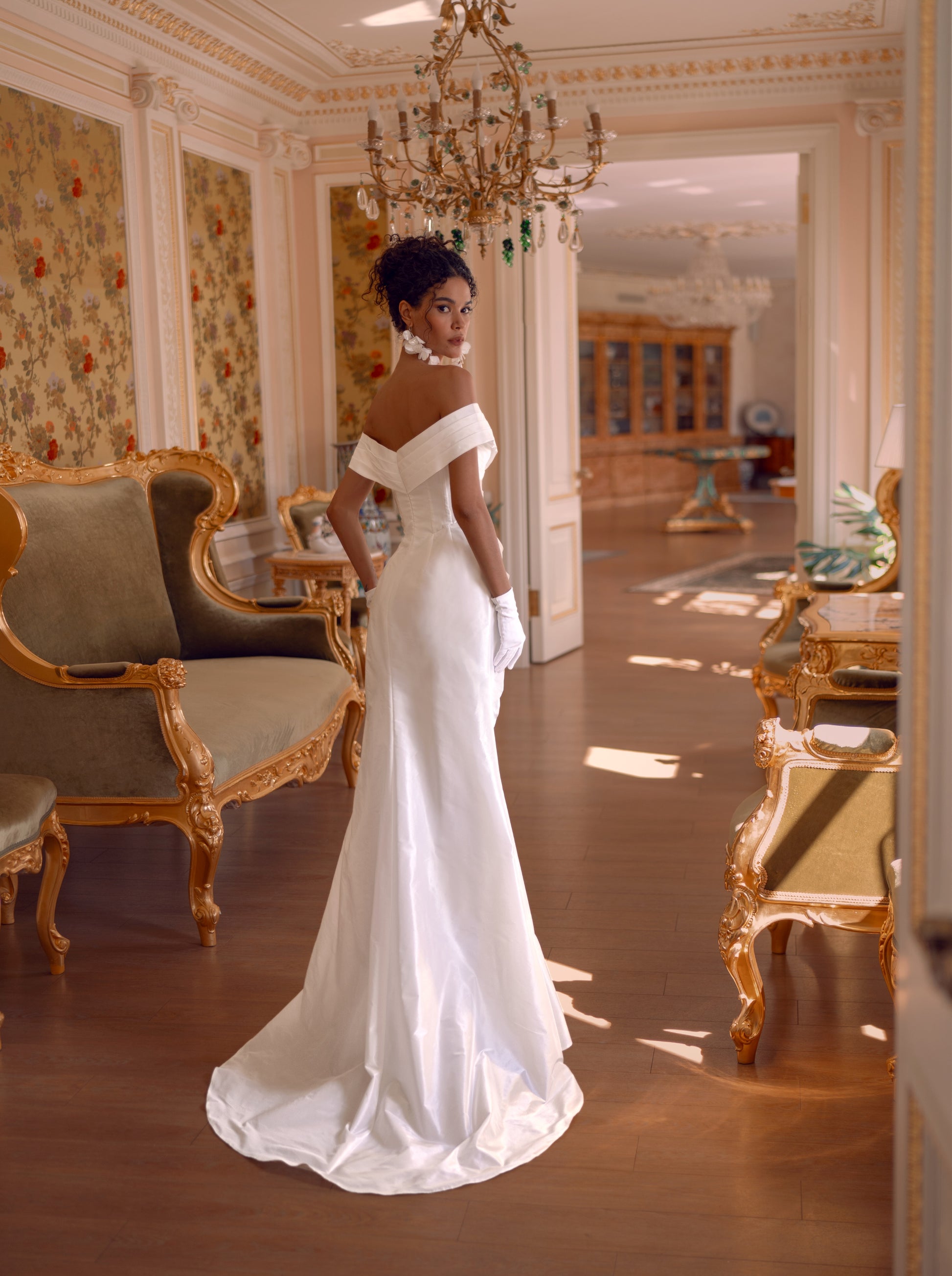 off-shoulder taffeta mermaid wedding dress with pleated bodice and detachable ball gown overskirt