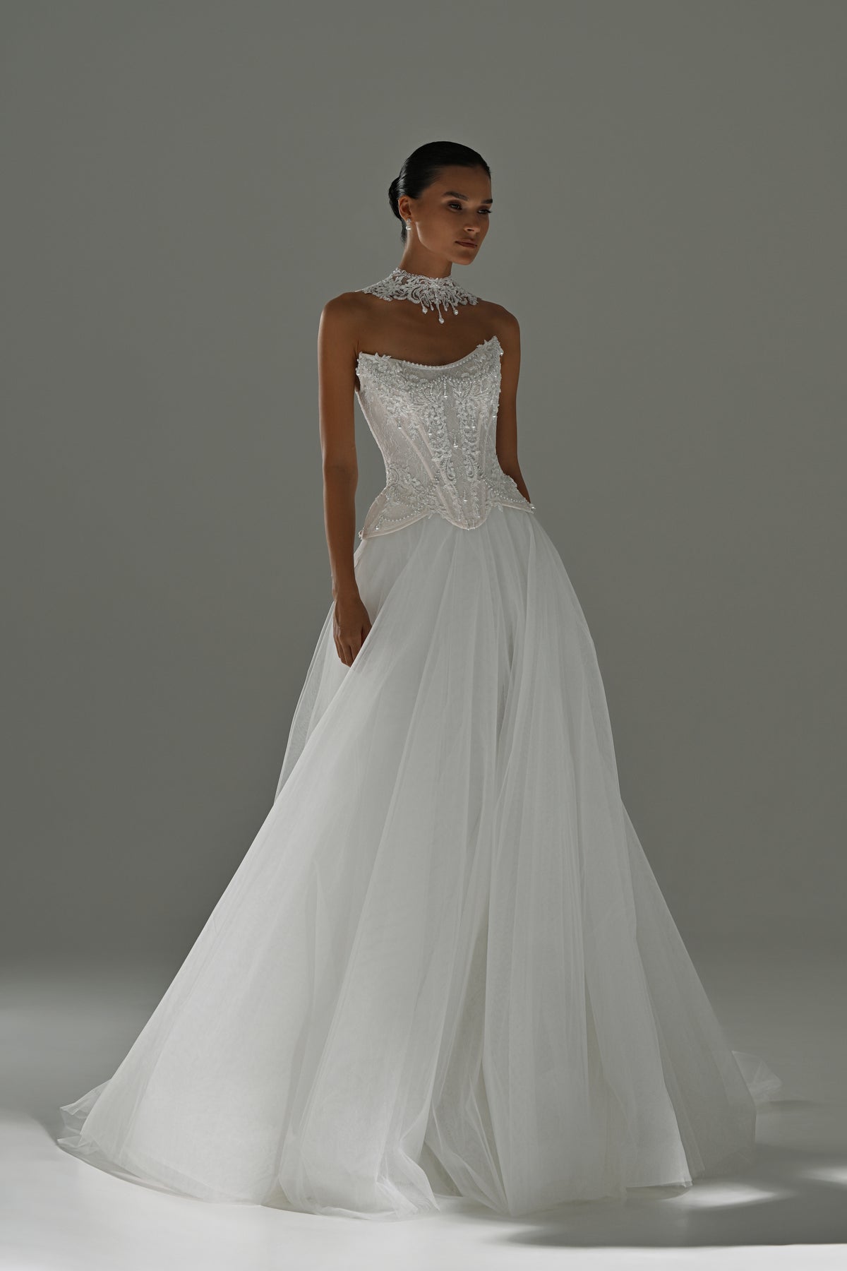 Lace corset wedding dress with removable tulle skirt and choker collar – full-length front view