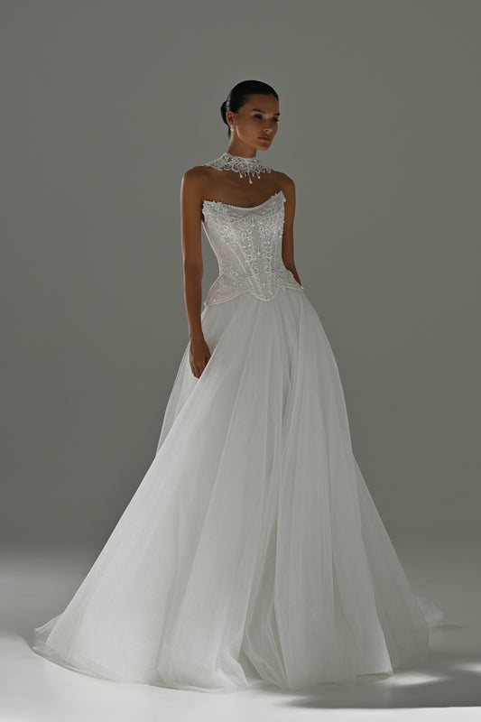 Lace corset wedding dress with removable tulle skirt and choker collar – full-length front view