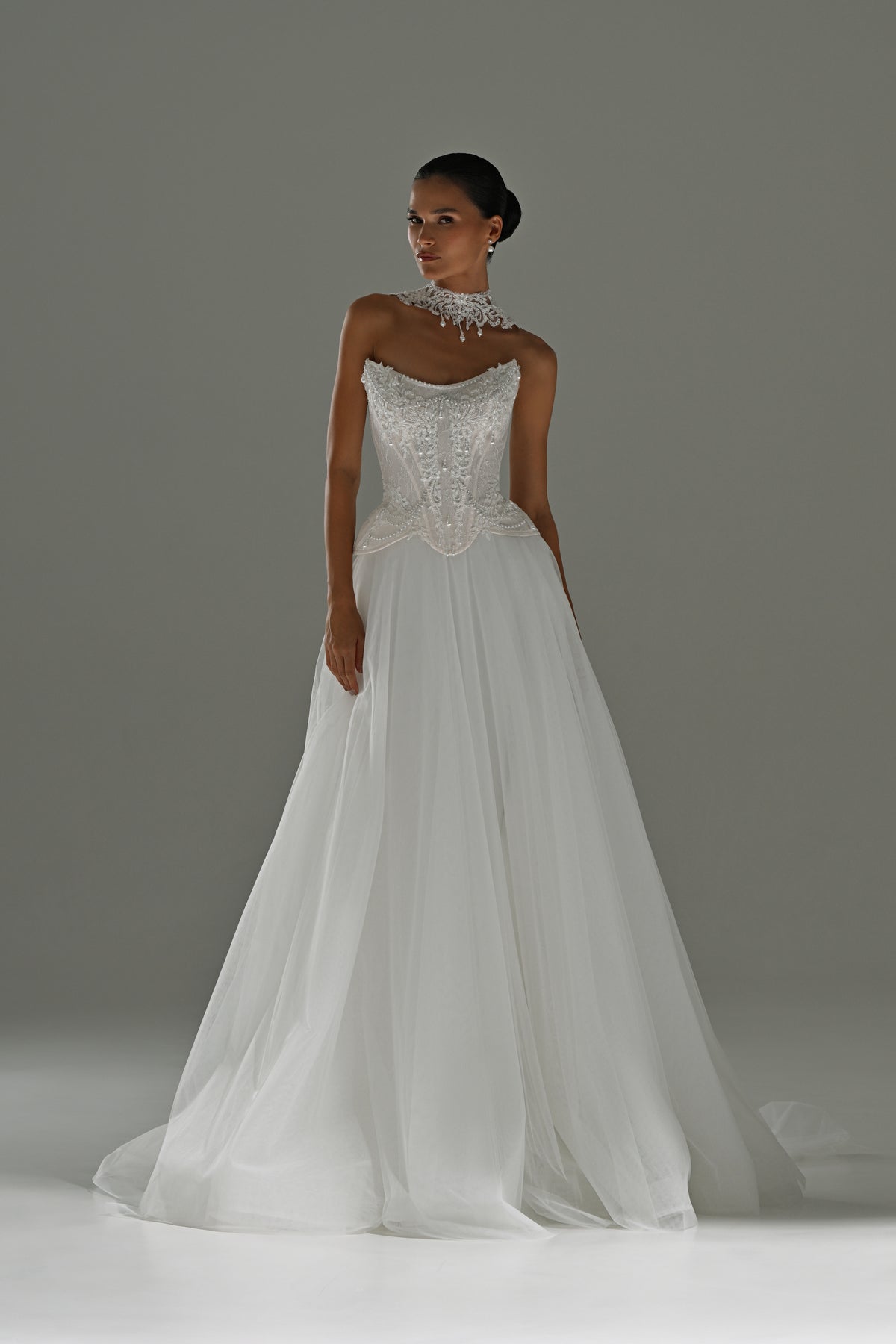 Lace corset wedding dress with removable tulle skirt – front three-quarter view