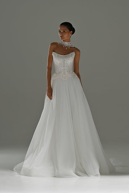 Lace corset wedding dress with removable tulle skirt – front three-quarter view