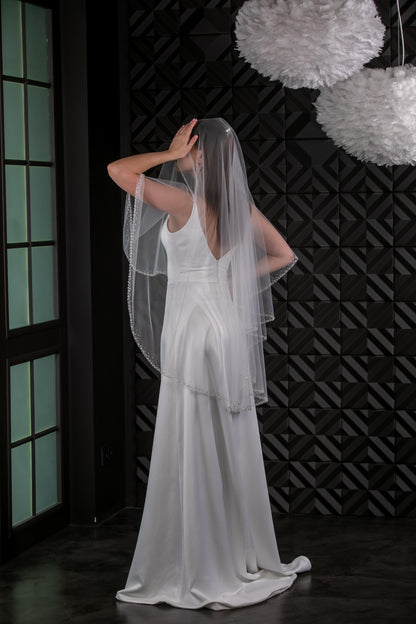 Two-Layer Veil with Blusher and Silver Beaded Border - view 5