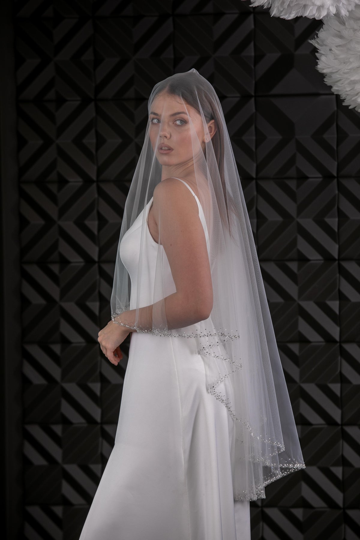 Two-Layer Veil with Blusher and Silver Beaded Border - view 4