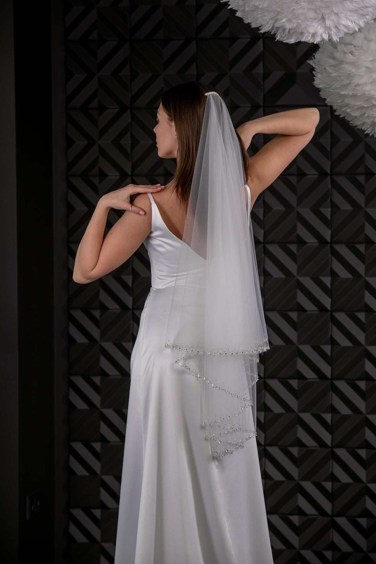 Two-Layer Veil with Blusher and Silver Beaded Border - view 3
