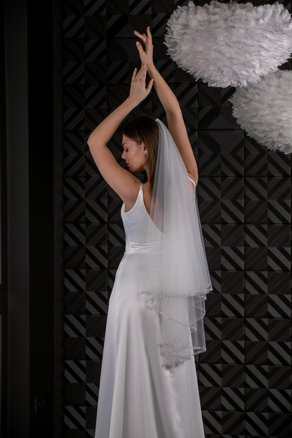 Two-Layer Veil with Blusher and Silver Beaded Border - view 2