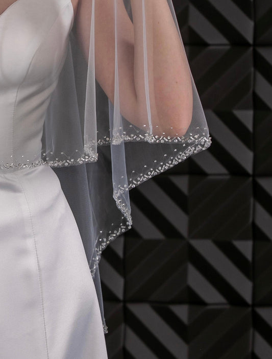 Two-Layer Veil with Blusher and Silver Beaded Border - view 1