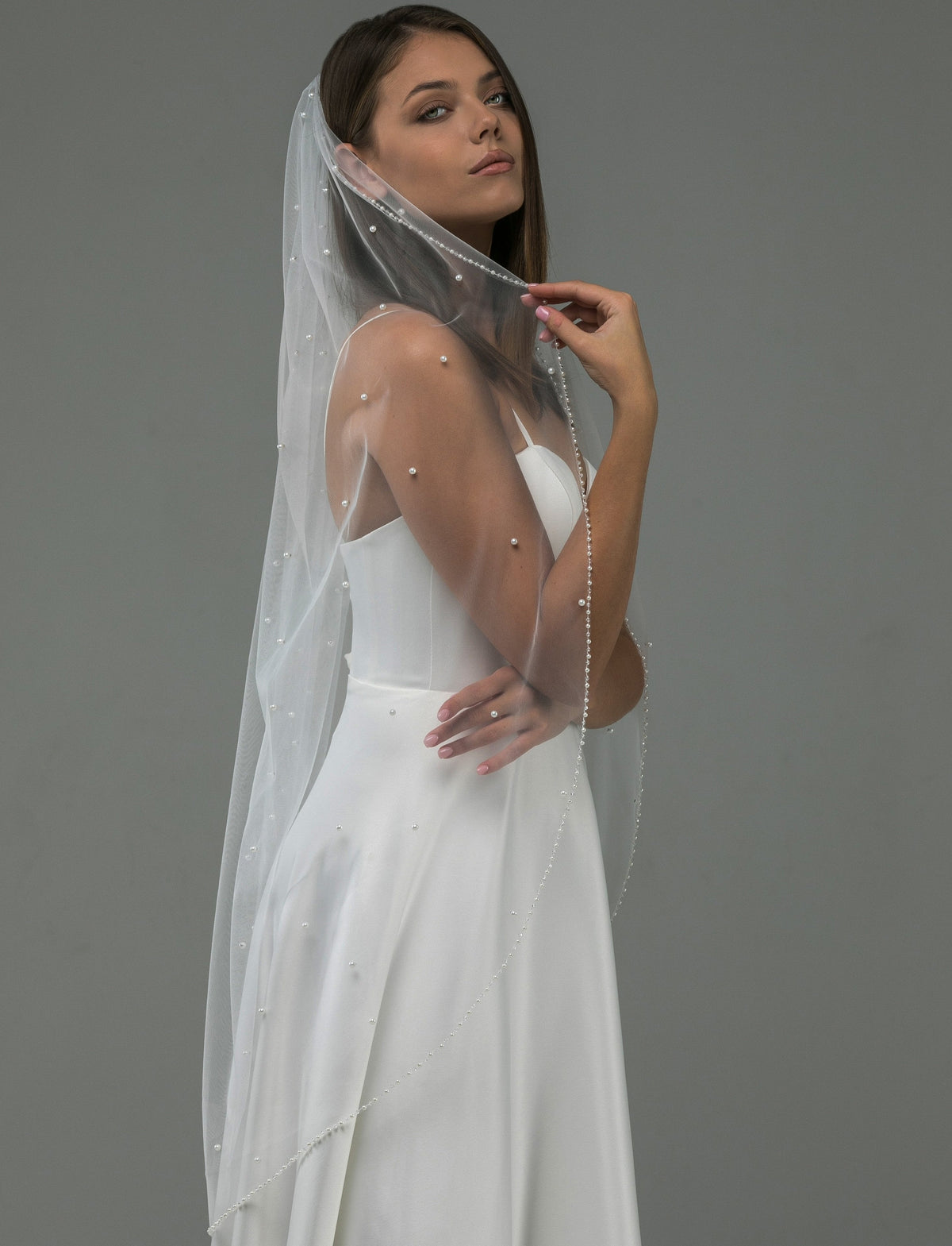 Veil with Scattered Pearls and Crystal Beaded Edge - view 1
