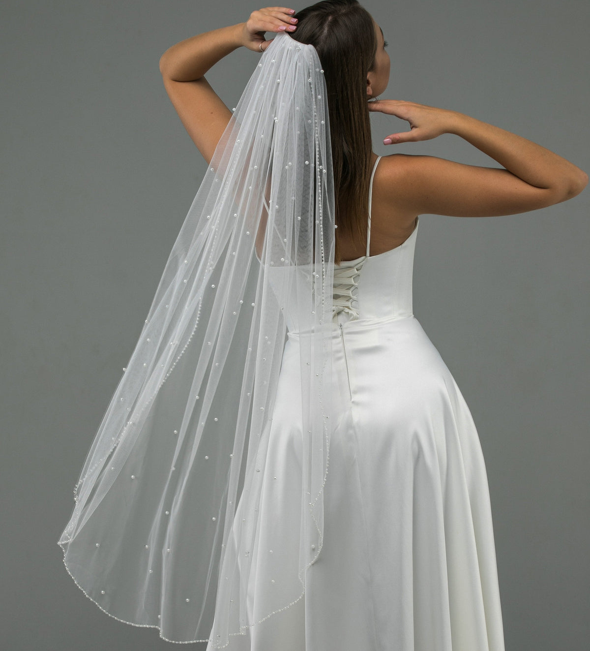 Veil with Scattered Pearls and Crystal Beaded Edge - view 2