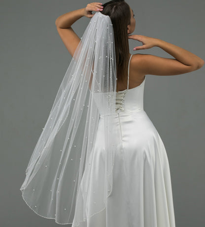 Veil with Scattered Pearls and Crystal Beaded Edge - view 2