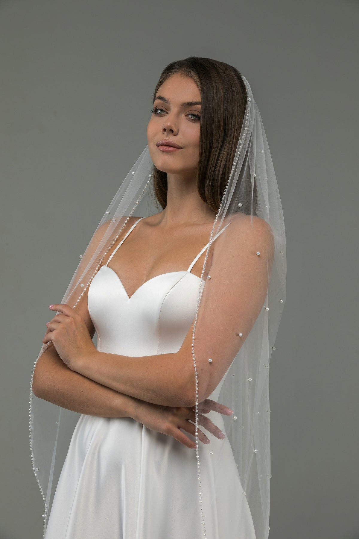 Veil with Scattered Pearls and Crystal Beaded Edge - view 3