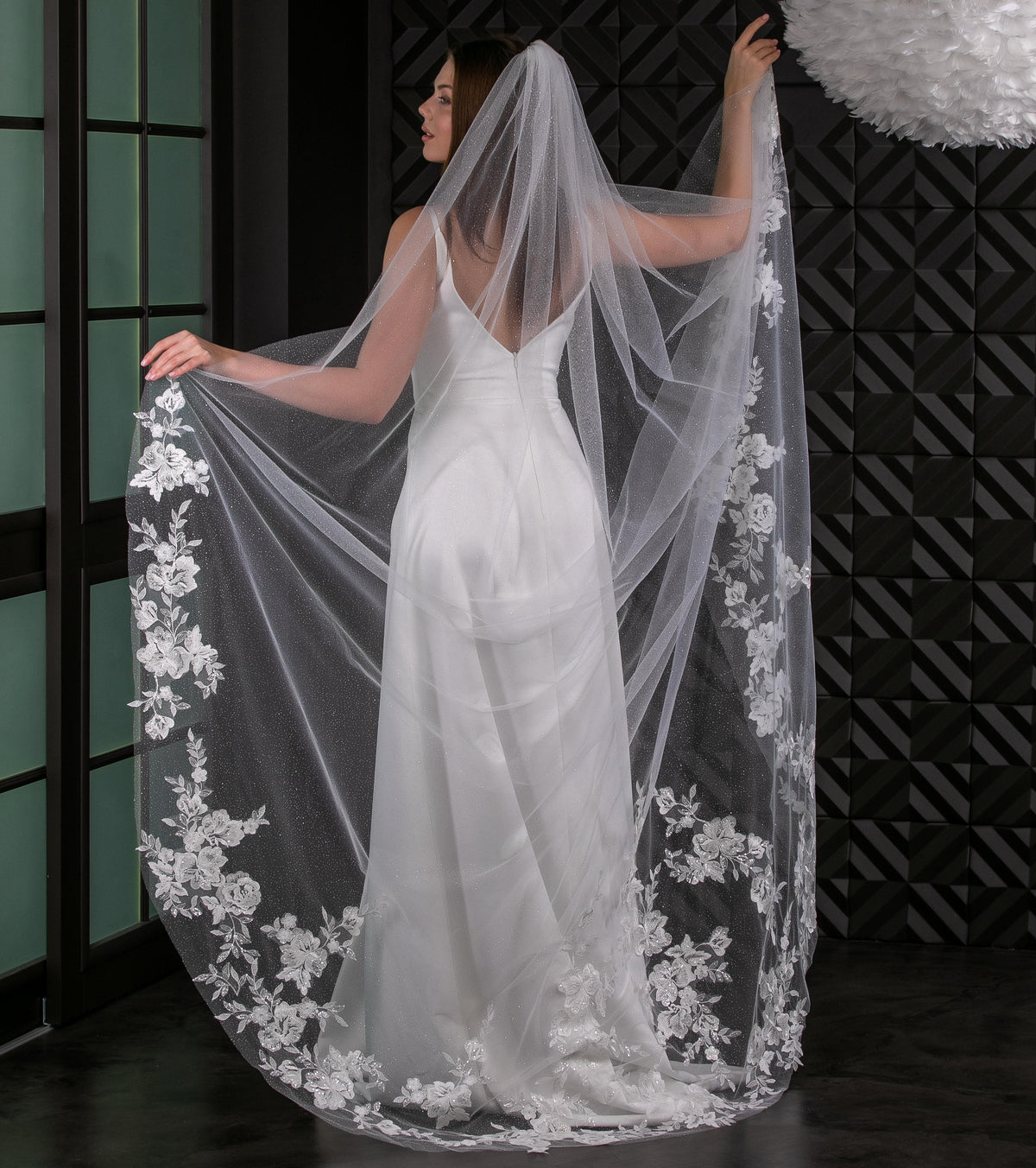 Glitter Tulle Veil with Floral Lace and Sequins - view 5