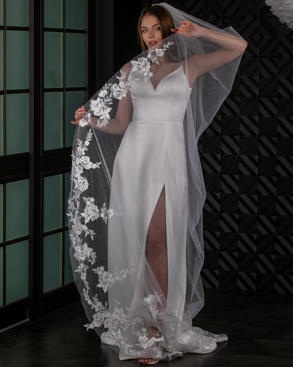 Glitter Tulle Veil with Floral Lace and Sequins - view 3