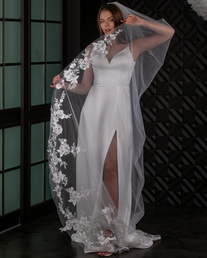 Glitter Tulle Veil with Floral Lace and Sequins - view 3