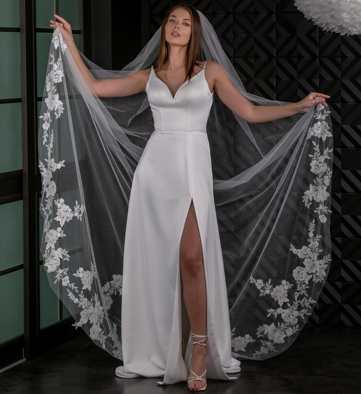 Glitter Tulle Veil with Floral Lace and Sequins - view 2