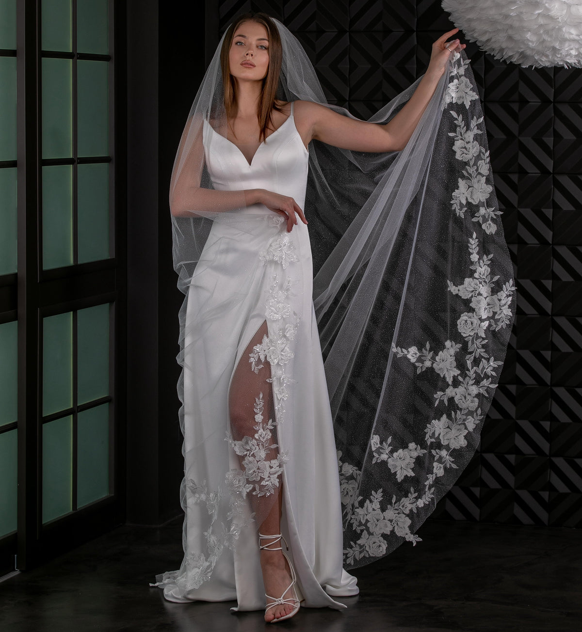 Glitter Tulle Veil with Floral Lace and Sequins - view 1