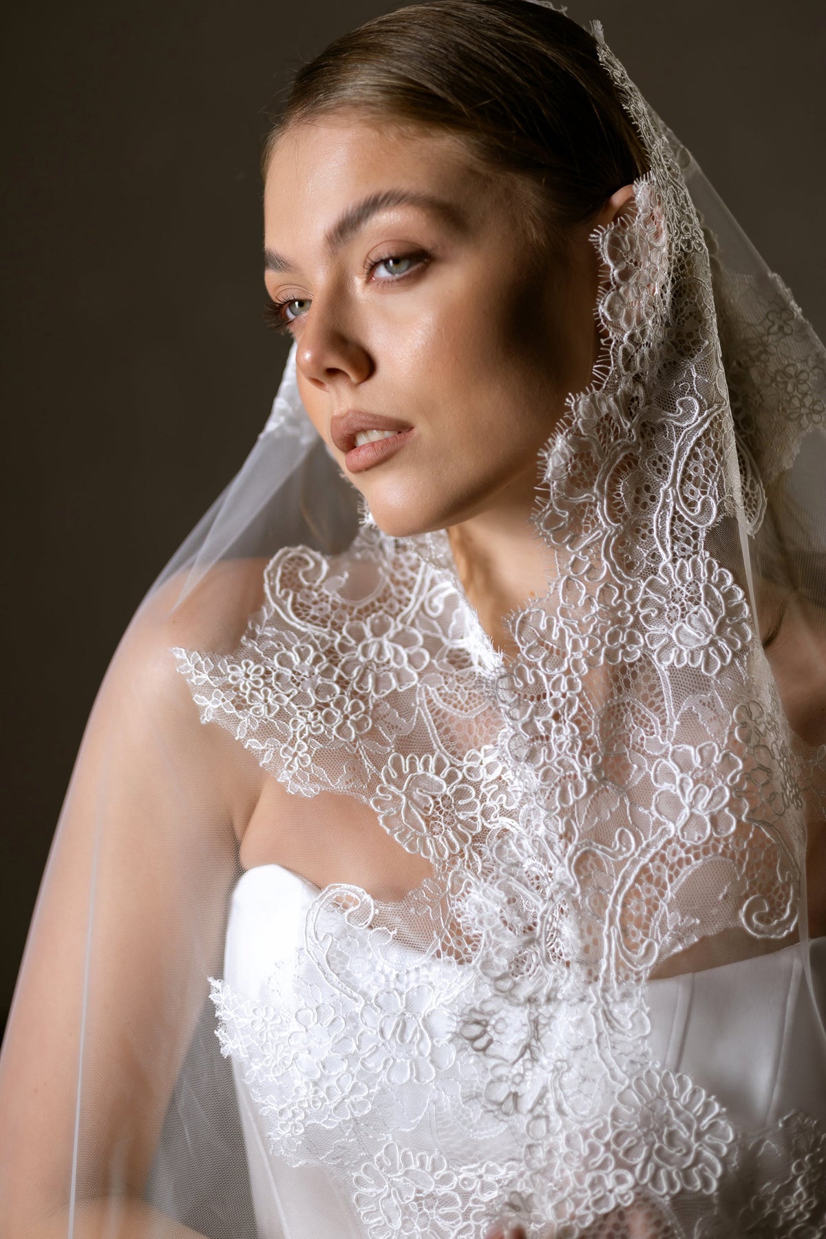 Single-Layer Mantilla Veil with Lace Trim - view 1