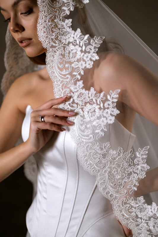 One-Layer Mantilla Veil with Lace Hem - view 1