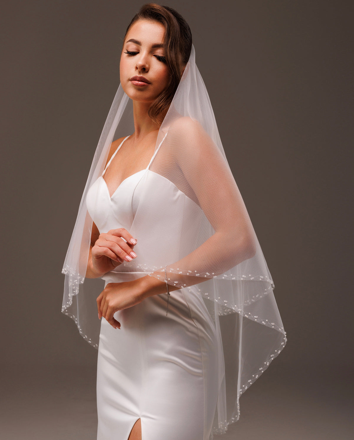 Two-Layer Silver Bead and Rhinestone Edge Veil - view 1