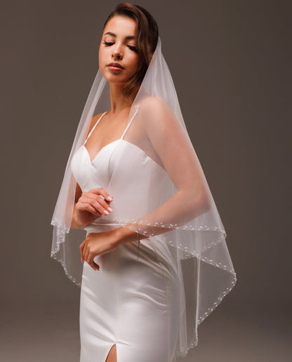 Two-Layer Silver Bead and Rhinestone Edge Veil - view 1