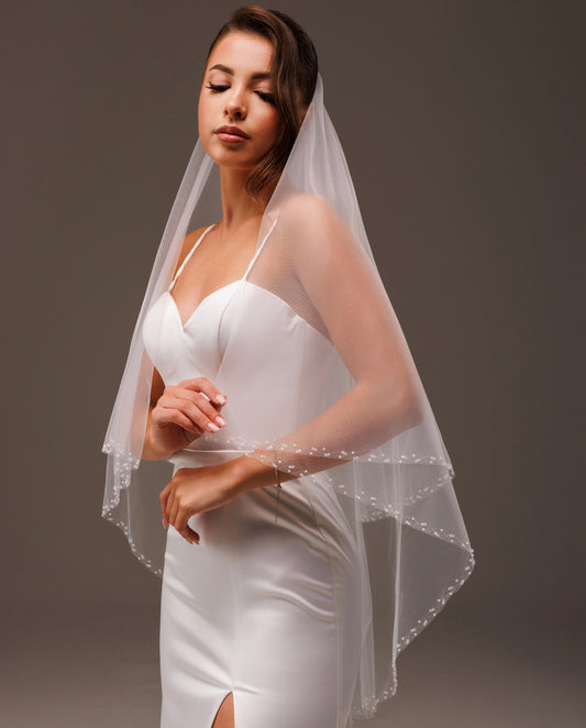 Two-Layer Silver Bead and Rhinestone Edge Veil - view 1