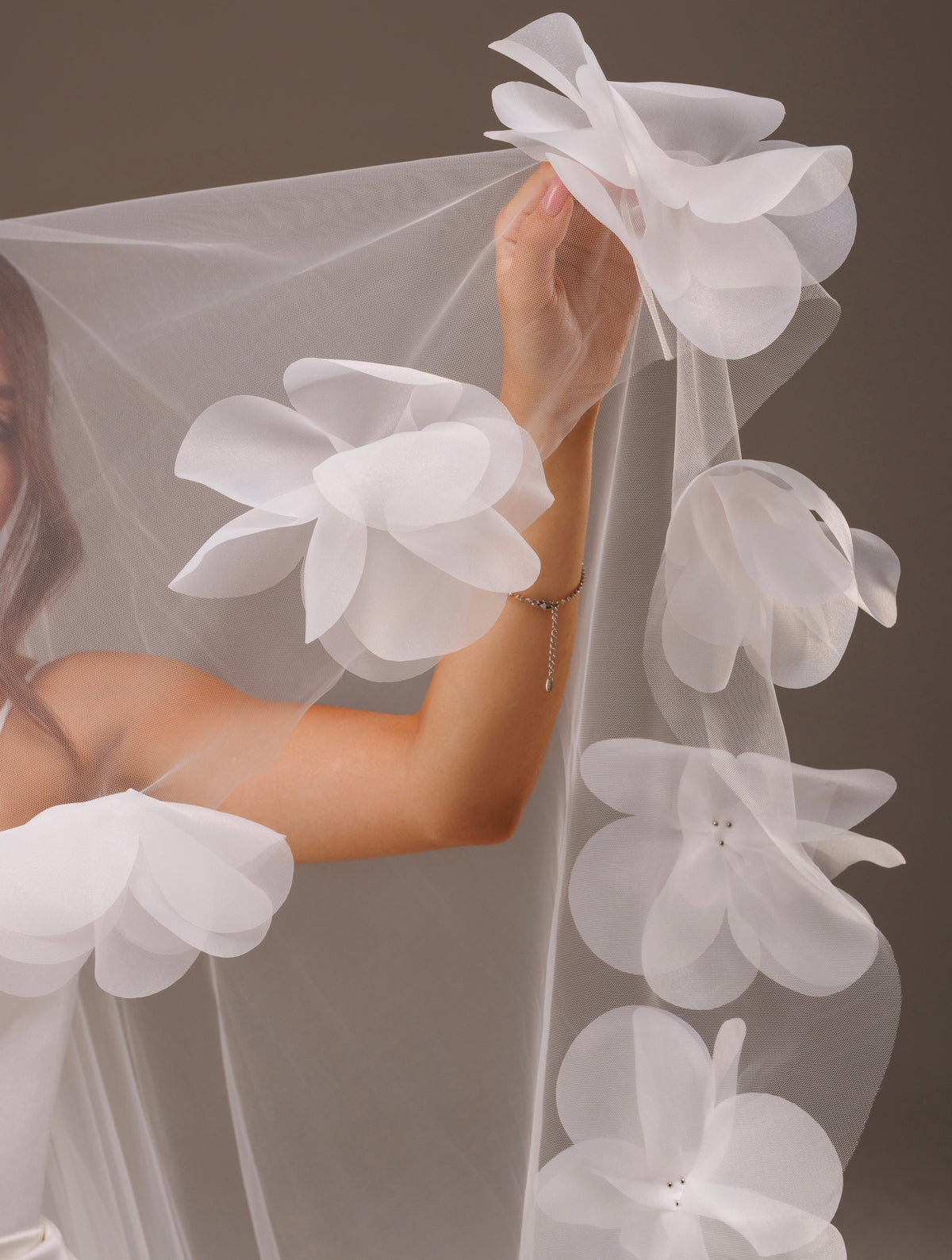 Two-Layer Veil with 3D Flower Buds and Pearls - view 3