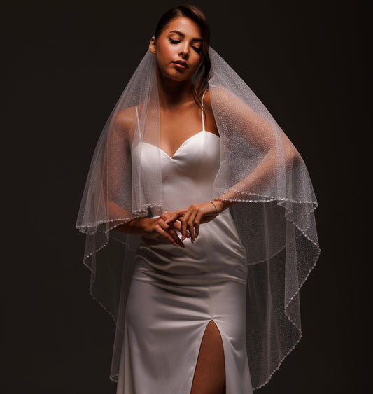 Glitter Tulle Two-Layer Veil with Pearls and Crystals - view 1