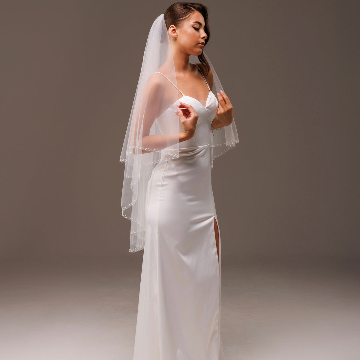 Two-Layer Silver Bead and Rhinestone Edge Veil - view 2