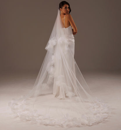 Two-Layer Veil with 3D Flower Buds and Pearls - view 5