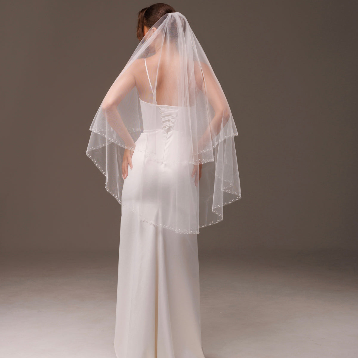 Two-Layer Silver Bead and Rhinestone Edge Veil - view 4