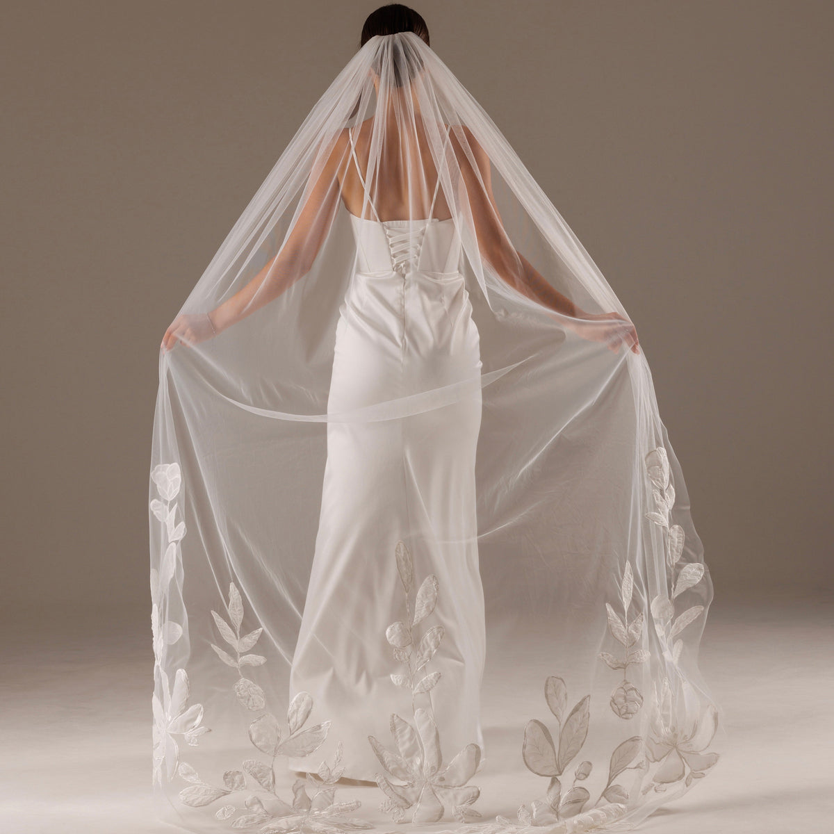 Cathedral Veil with Large Lace Magnolia Flowers - view 6