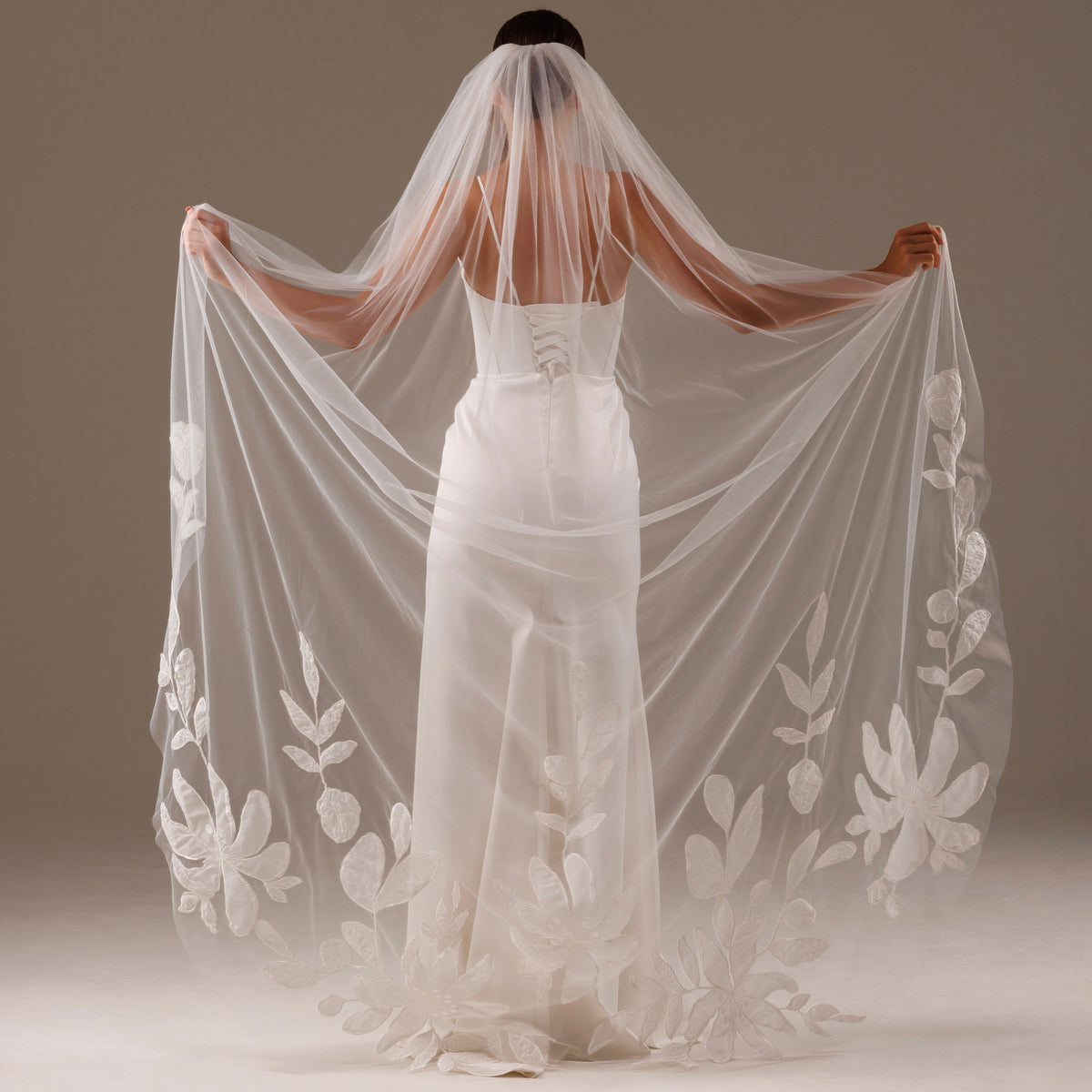 Cathedral Veil with Large Lace Magnolia Flowers - view 1